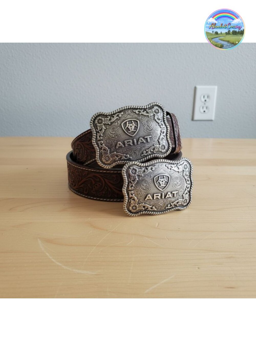 Men's Floral Embossed Leather Belt Antiqued Silver Buckle